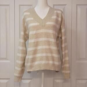 Preppy Cream and White Striped V-neck Sweater with Contrast Trim; Hollister, XS